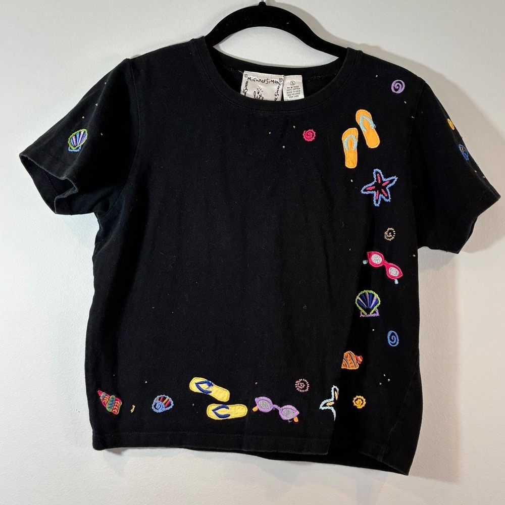 Michael Simon Lite Beach Theme Embroidered‎ T-Shirt Cotton Top Black Size S